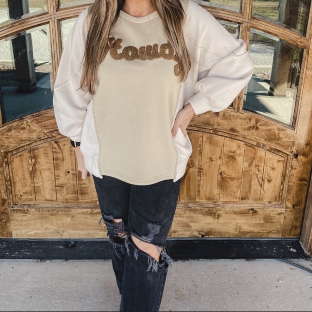 BIBI Women’s Terry Detail Howdy Latte Sweatshirt/Crewneck/Pullover | NEW/NWT🤠🤎 - Picture 2 of 9